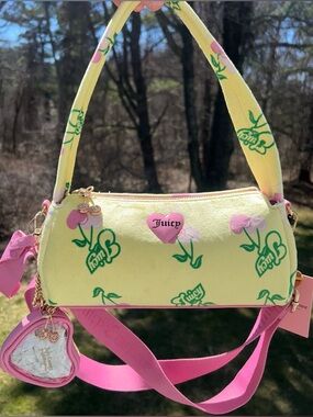 NEW! NWT JUICY COUTURE Velour Retro Juicy Cherry Shoulder Bag in Yellow Multi
